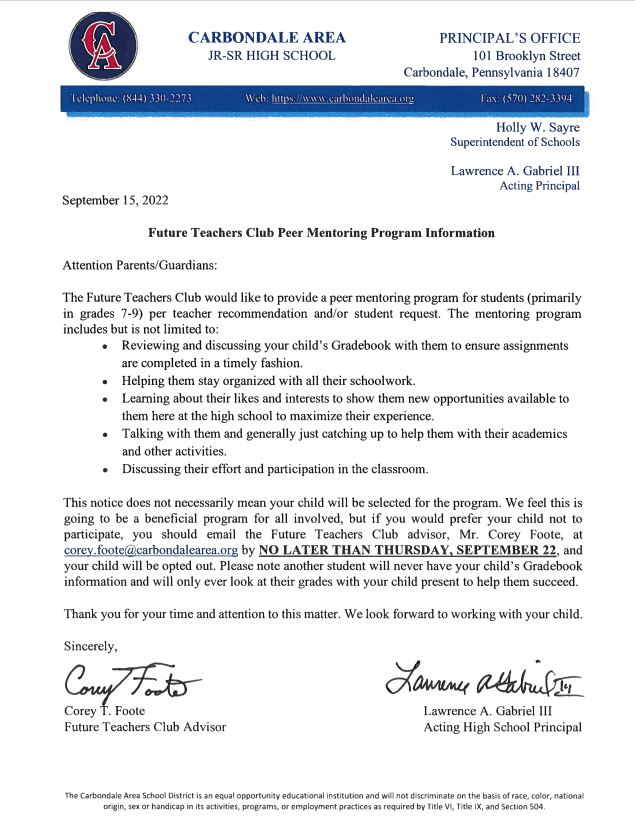 Future Teachers Club Peer Mentoring Program Information