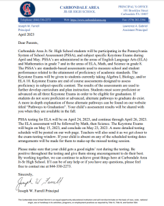 High School PA State Assessment Information Letter