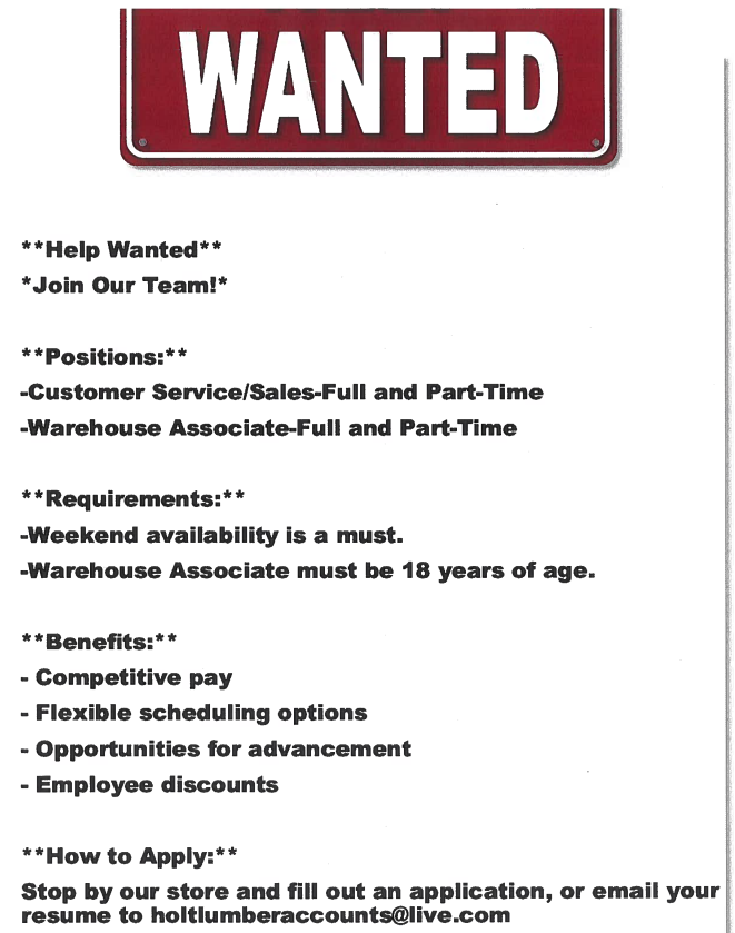 Holt Lumber Employment Opportunity